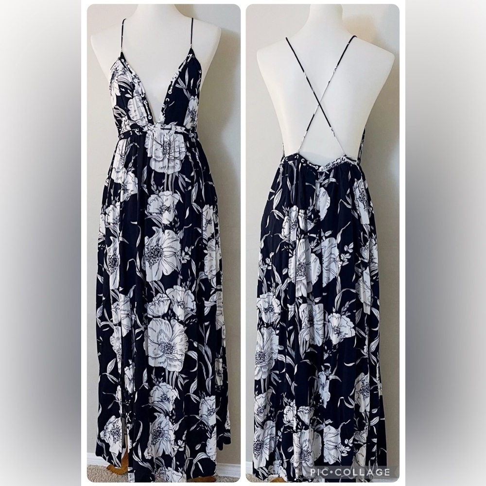 HOMMAGE Black and White Floral Maxi Dress Resortwear Boho Bohemian Vacation - Picture 6 of 6